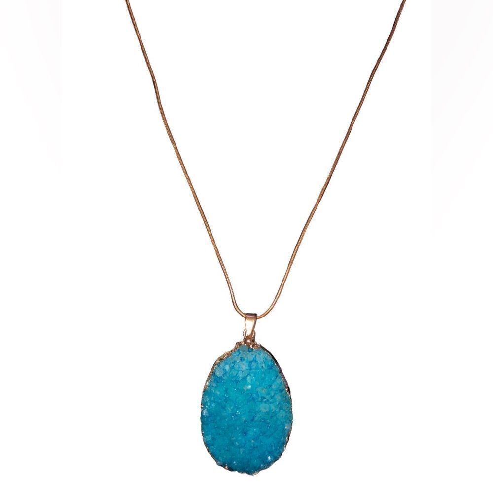 Blue Agate Druzy Stone Gold Surround and Gold Chain